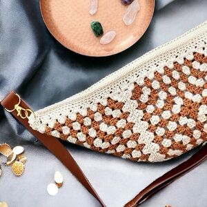 Hand crocheted boho style crossbody bag made with cotton yarn and cotton lining